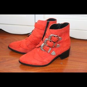 Red suede wife-fit booties by ASOS